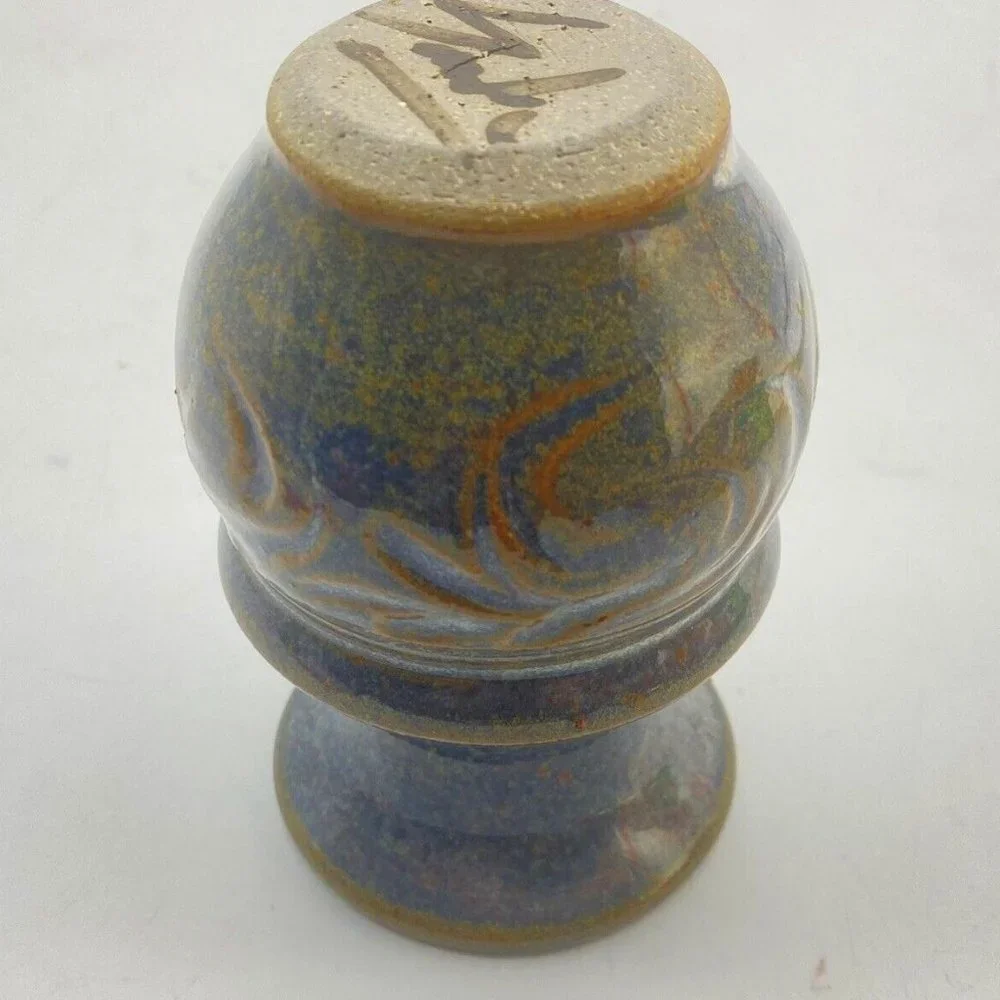 VTG Signed Studio Art Pottery Vase Blue Brown Speckled Glaze Stoneware 4.5